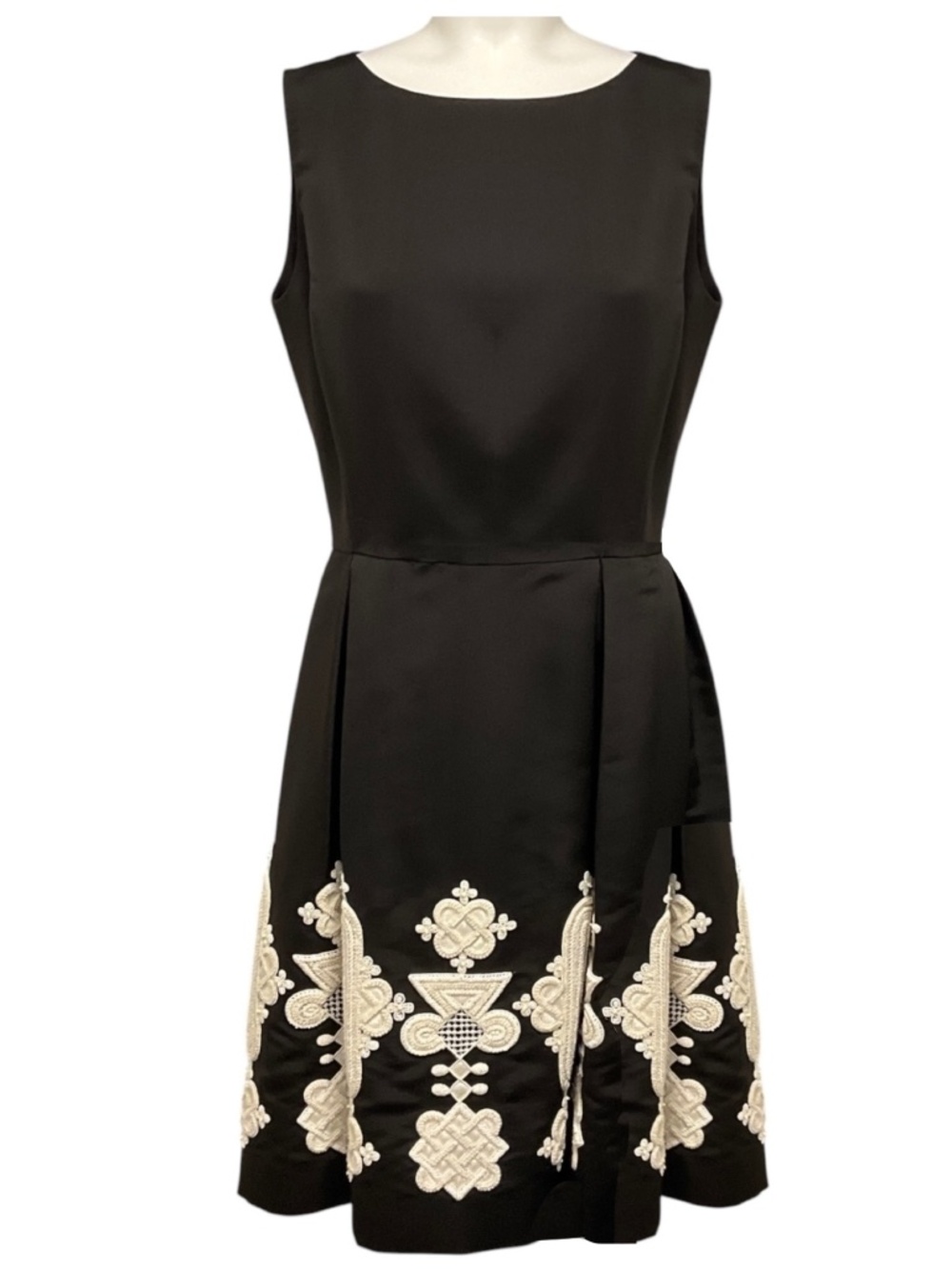 OSCAR DE LA RENTA BROWN / IVORY EMBELLISHED SLEEVELESS SILK COCKTAIL DRESS
